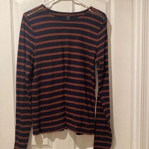 J crew navy / tan striped long sleeve with shoulder zipper detail size large